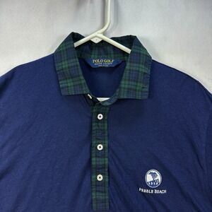 Polo Golf Ralph Lauren Mens Medium Golf Shirt Pebble Beach Navy Plaid Collar